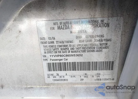 2006 Mazda Mazda6 I z USA, uszkodzony, nr VIN 1YVHP80C865M53652